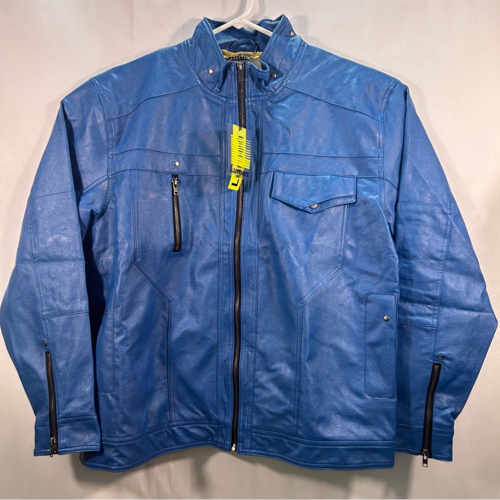 Lumen Blue Faux Leather Men's Biker Jacket 2XL buttery soft shell silky lining